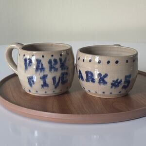 Set of 2 Hand-Thrown Pottery Coffee Mugs “Park 5” Design, Signed RS, Cottagecore